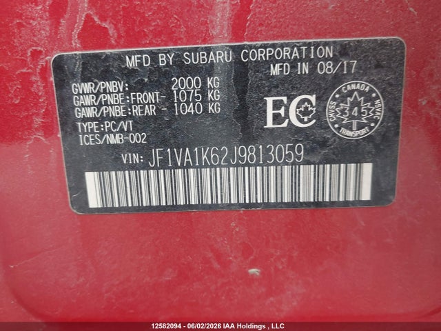 Aukcja sprzedaży 2018 Subaru Wrx Limited, vin: JF1VA1K62J9813059, numer aukcji: 12582094