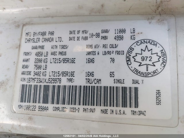 12582101 :رقم المزاد ، 1B7MF33W1XJ529978 vin ، 1999 Dodge Ram 3500 مزاد بيع