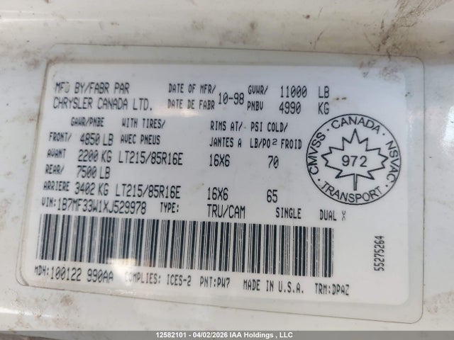 12582101 :رقم المزاد ، 1B7MF33W1XJ529978 vin ، 1999 Dodge Ram 3500 مزاد بيع