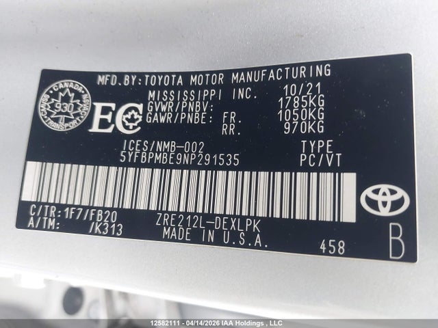 Aukcja sprzedaży 2022 Toyota Corolla Le/xle, vin: 5YFBPMBE9NP291535, numer aukcji: 12582111