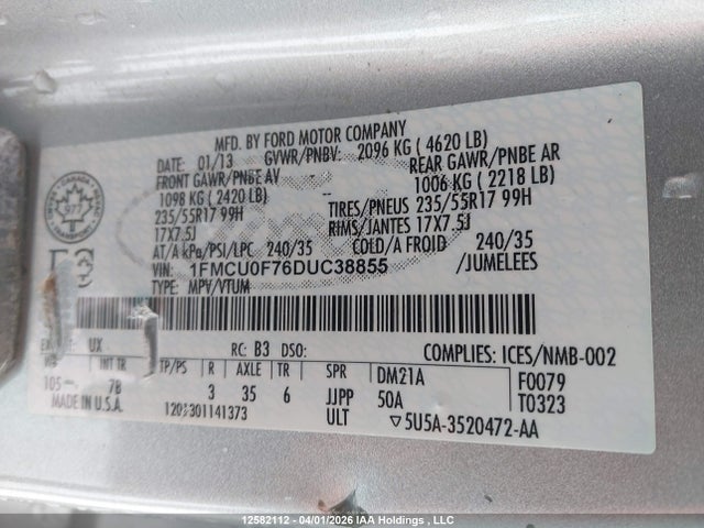 Aukcja sprzedaży 2013 Ford Escape S, vin: 1FMCU0F76DUC38855, numer aukcji: 12582112