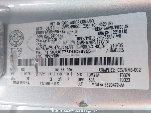 Aukcja sprzedaży 2013 Ford Escape S, vin: 1FMCU0F76DUC38855, numer aukcji: 12582112