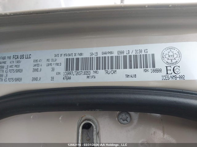 Aukcja sprzedaży 2019 Ram 1500 Classic Slt, vin: 1C6RR7LT2KS718353, numer aukcji: 12582116