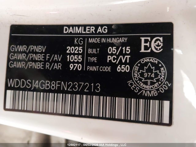 12582117 :رقم المزاد ، WDDSJ4GB8FN237213 vin ، 2015 Mercedes-benz Cla 250 4matic مزاد بيع