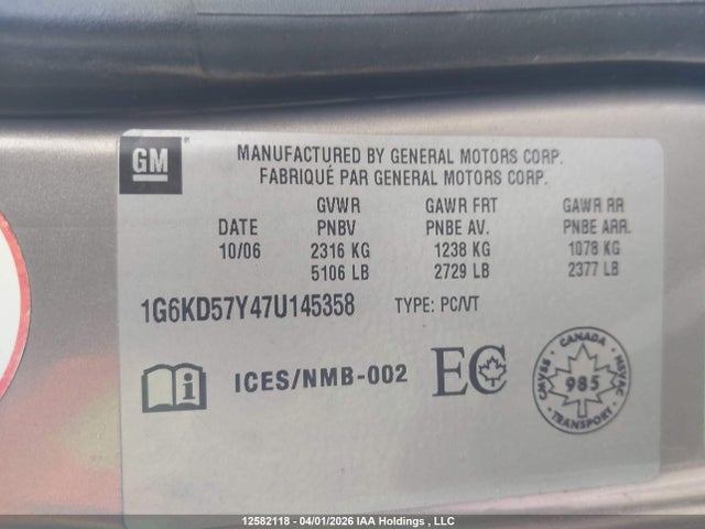 Aukcja sprzedaży 2007 Cadillac Dts, vin: 1G6KD57Y47U145358, numer aukcji: 12582118
