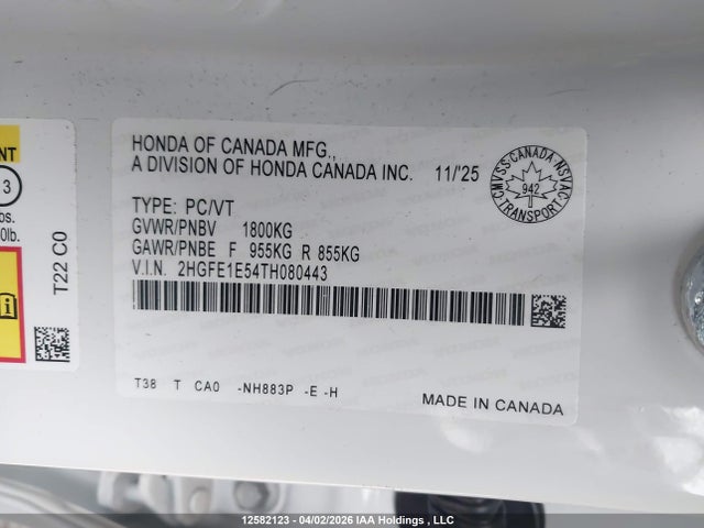 Aukcja sprzedaży 2026 Honda Civic Si Si, vin: 2HGFE1E54TH080443, numer aukcji: 12582123