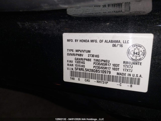 5FNRL5H28GB510979 Honda ODYSSEY LX