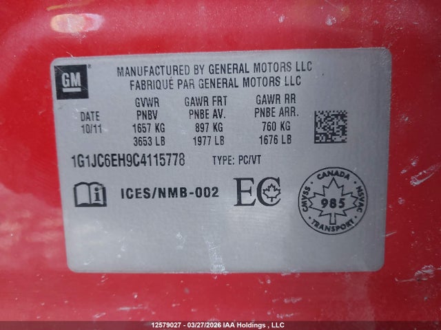 Продажа на аукционе авто 2012 Chevrolet Sonic Lt, vin: 1G1JC6EH9C4115778, номер лота: 12579027