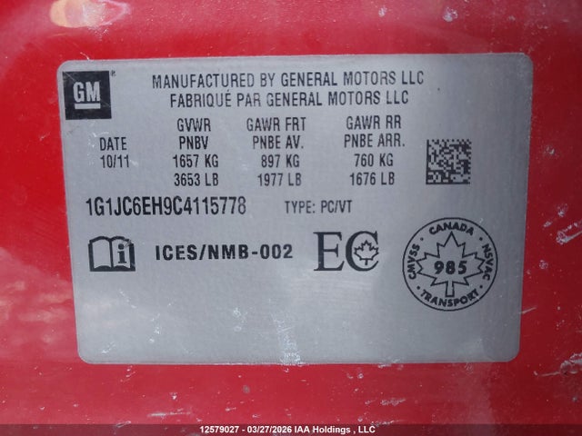Продажа на аукционе авто 2012 Chevrolet Sonic Lt, vin: 1G1JC6EH9C4115778, номер лота: 12579027
