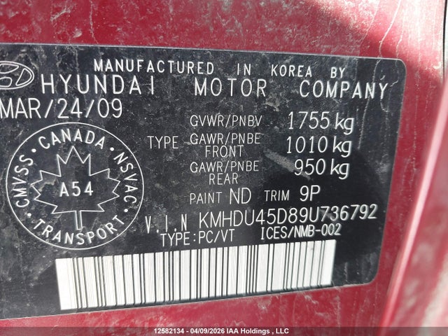 12582134 :رقم المزاد ، KMHDU45D89U736792 vin ، 2009 Hyundai Elantra Gl/l مزاد بيع