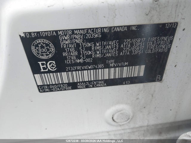 12572238 :رقم المزاد ، 2T3ZFREVXEW074365 vin ، 2014 Toyota Rav4 Le مزاد بيع