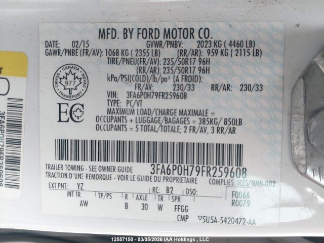 Продаж на аукціоні авто 2015 Ford Fusion Se, vin: 3FA6P0H79FR259608, номер лоту: 12557150