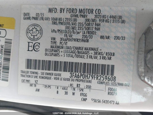 Продаж на аукціоні авто 2015 Ford Fusion Se, vin: 3FA6P0H79FR259608, номер лоту: 12557150