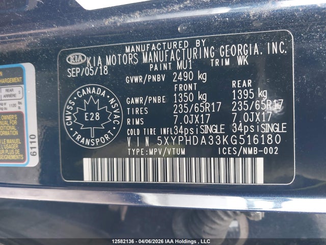 5XYPHDA33KG516180 KIA SORENTO EX