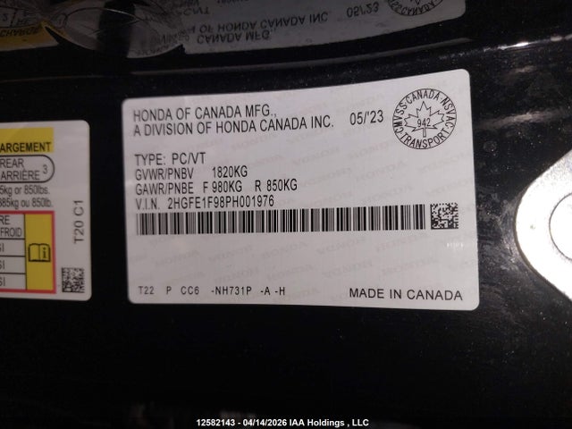 Aukcja sprzedaży 2023 Honda Civic, vin: 2HGFE1F98PH001976, numer aukcji: 12582143