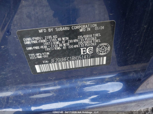 12582145 :رقم المزاد ، JF2GUHFC1RH351437 vin ، 2024 Subaru Crosstrek Onyx مزاد بيع