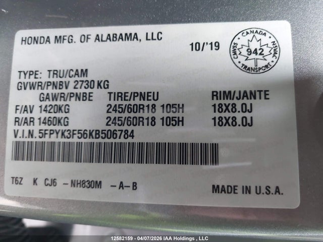 Aukcja sprzedaży 2019 Honda Ridgeline Rtl, vin: 5FPYK3F56KB506784, numer aukcji: 12582159