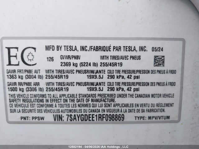 Tesla Model Y 2024 7SAYGDEE1RF098869 Image 9