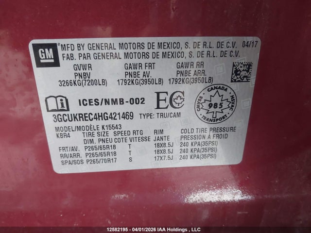 3GCUKREC4HG421469 Chevrolet Silverado K1500 Lt