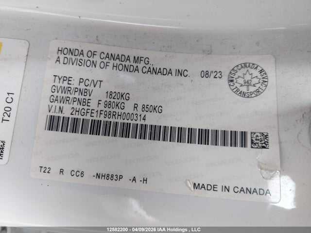 2HGFE1F98RH000314 Honda Civic Touring