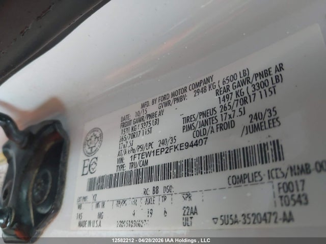 12582212 :رقم المزاد ، 1FTEW1EP2FKE94407 vin ، 2015 Ford F150 Supercrew مزاد بيع