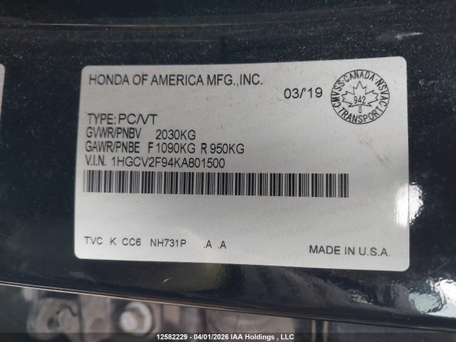 1HGCV2F94KA801500 Honda Accord Touring