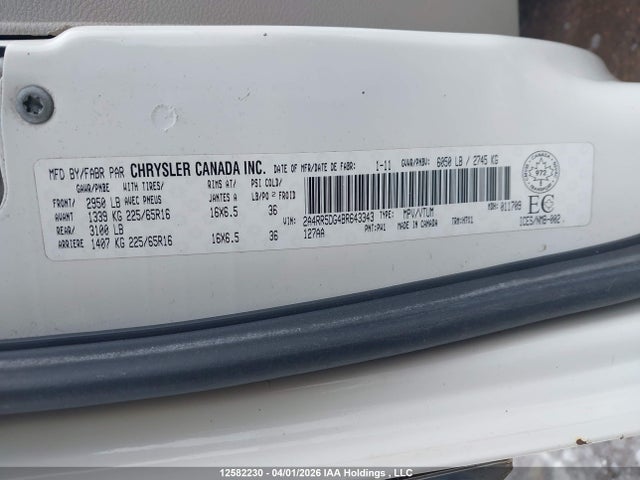 2011 Chrysler Town & Country Touring მანქანა იყიდება აუქციონზე, vin: 2A4RR5DG4BR643343, აუქციონის ნომერი: 12582230