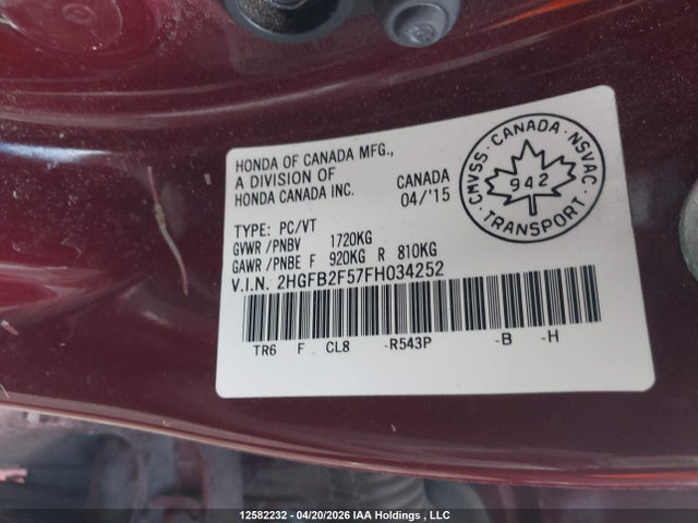 Aukcja sprzedaży 2015 Honda Civic, vin: 2HGFB2F57FH034252, numer aukcji: 12582232
