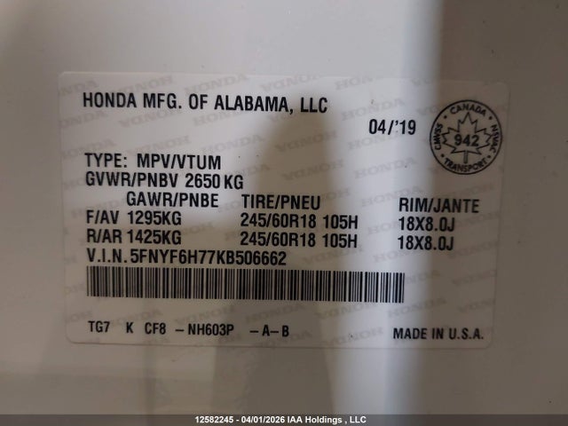 2019 Honda Pilot Ex-l Navi მანქანა იყიდება აუქციონზე, vin: 5FNYF6H77KB506662, აუქციონის ნომერი: 12582245
