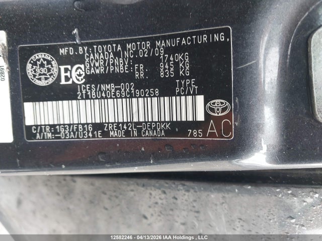 2009 Toyota Corolla S/le/xle მანქანა იყიდება აუქციონზე, vin: 2T1BU40E69C190258, აუქციონის ნომერი: 12582246