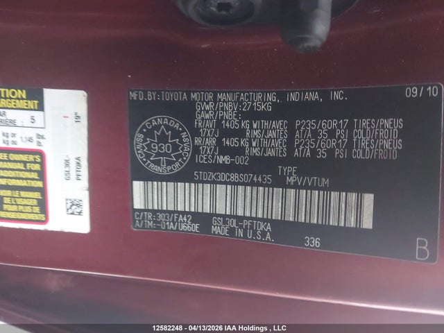 Aukcja sprzedaży 2011 Toyota Sienna, vin: 5TDZK3DC8BS074435, numer aukcji: 12582248
