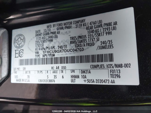 Продажа на аукционе авто 2013 Ford Escape Se, vin: 1FMCU9GX7DUC04703, номер лота: 12582250