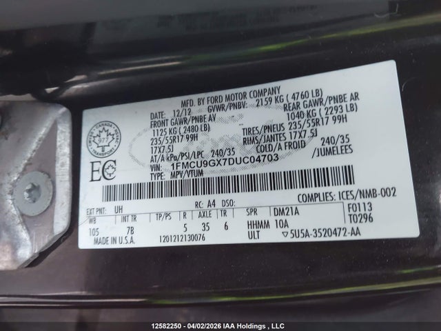 Продажа на аукционе авто 2013 Ford Escape Se, vin: 1FMCU9GX7DUC04703, номер лота: 12582250
