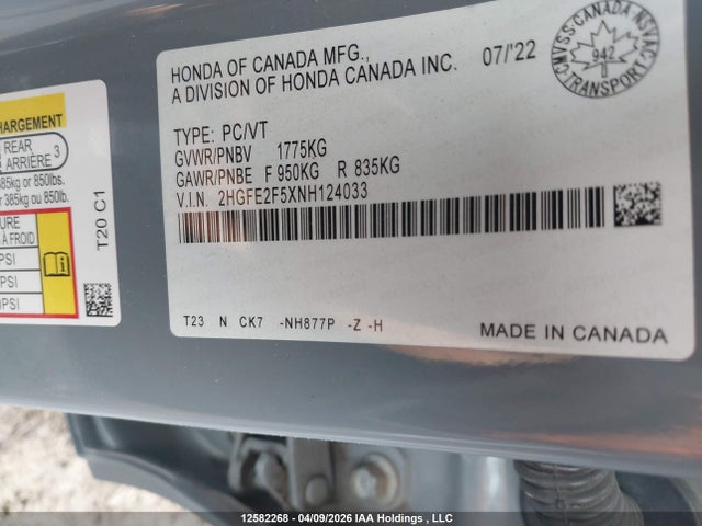 Продажа на аукционе авто 2022 Honda Civic Sport, vin: 2HGFE2F5XNH124033, номер лота: 12582268