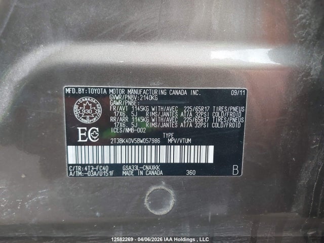 12582269 :رقم المزاد ، 2T3BK4DV5BW057986 vin ، 2011 Toyota Rav4 Base V6 مزاد بيع