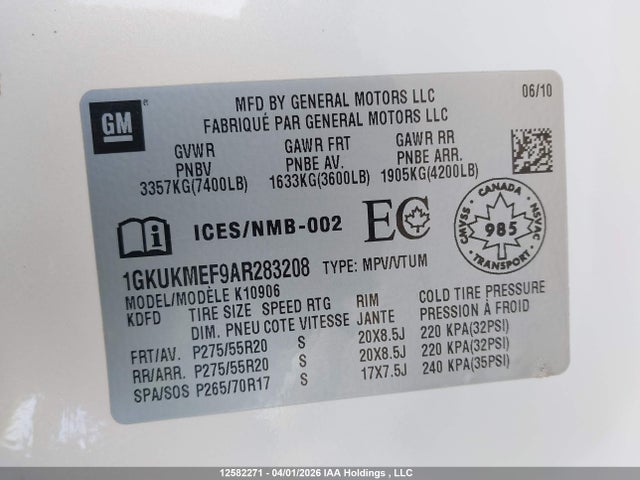 12582271 :رقم المزاد ، 1GKUKMEF9AR283208 vin ، 2010 Gmc Yukon Xl 1500 Denali مزاد بيع