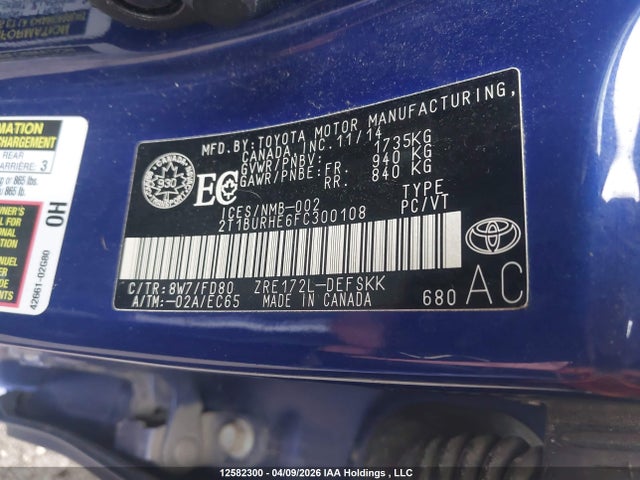 2015 Toyota Corolla მანქანა იყიდება აუქციონზე, vin: 2T1BURHE6FC300108, აუქციონის ნომერი: 12582300