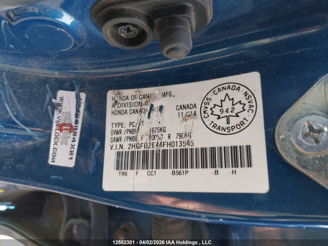2015 Honda Civic მანქანა იყიდება აუქციონზე, vin: 2HGFB2E44FH013545, აუქციონის ნომერი: 12582301