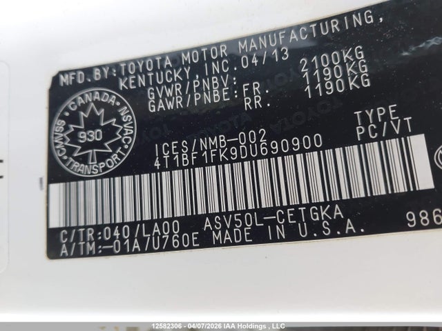 2013 Toyota Camry L/se/le/xle მანქანა იყიდება აუქციონზე, vin: 4T1BF1FK9DU690900, აუქციონის ნომერი: 12582306