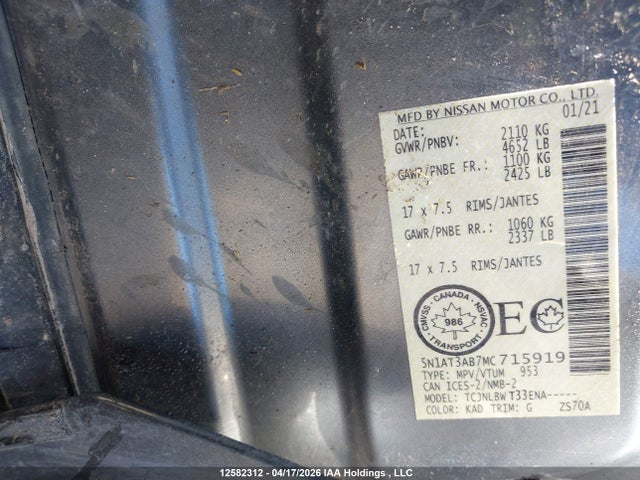 Продаж на аукціоні авто 2021 Nissan Rogue, vin: 5N1AT3AB7MC715919, номер лоту: 12582312