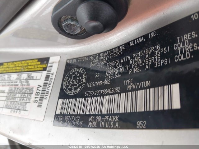 12582318 :رقم المزاد ، 5TDZA29CX6S403082 vin ، 2006 Toyota Sienna مزاد بيع