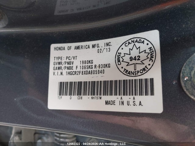 Продажа на аукционе авто 2013 Honda Accord, vin: 1HGCR2F8XDA805940, номер лота: 12582322