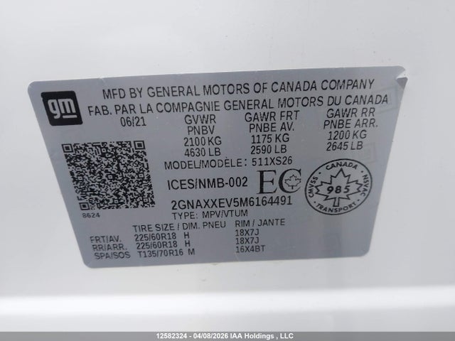 2021 Chevrolet Equinox Premier მანქანა იყიდება აუქციონზე, vin: 2GNAXXEV5M6164491, აუქციონის ნომერი: 12582324