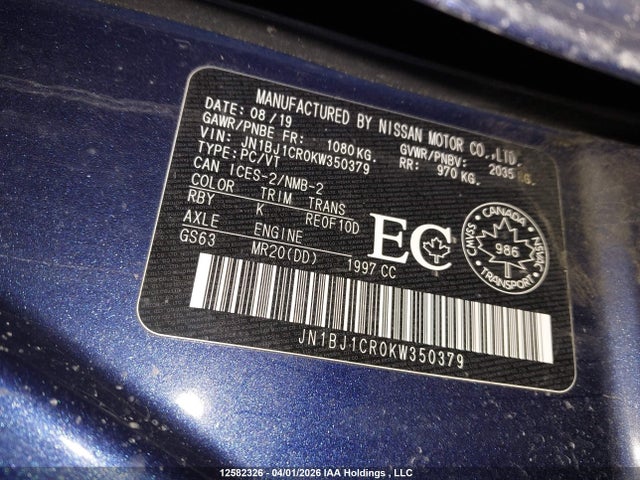 12582326 :رقم المزاد ، JN1BJ1CR0KW350379 vin ، 2019 Nissan Qashqai S/sl/sv مزاد بيع