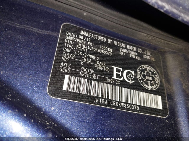 12582326 :رقم المزاد ، JN1BJ1CR0KW350379 vin ، 2019 Nissan Qashqai S/sl/sv مزاد بيع