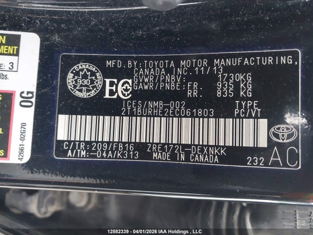 12582339 :رقم المزاد ، 2T1BURHE2EC061803 vin ، 2014 Toyota Corolla L/le/le Pls/prm/s/s Pls مزاد بيع
