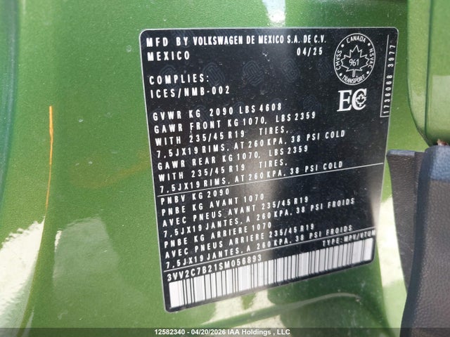 Aukcja sprzedaży 2025 Volkswagen Taos, vin: 3VV2C7B21SM056893, numer aukcji: 12582340