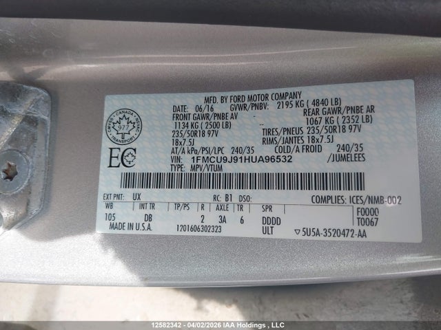 Продажа на аукционе авто 2017 Ford Escape Titanium, vin: 1FMCU9J91HUA96532, номер лота: 12582342