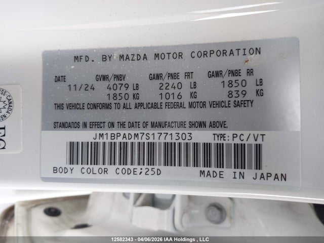 12582343 :رقم المزاد ، JM1BPADM7S1771303 vin ، 2025 Mazda 3 Gt مزاد بيع