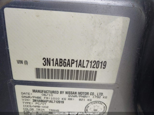 12582349 :رقم المزاد ، 3N1AB6AP1AL712019 vin ، 2010 Nissan Sentra 2.0s مزاد بيع